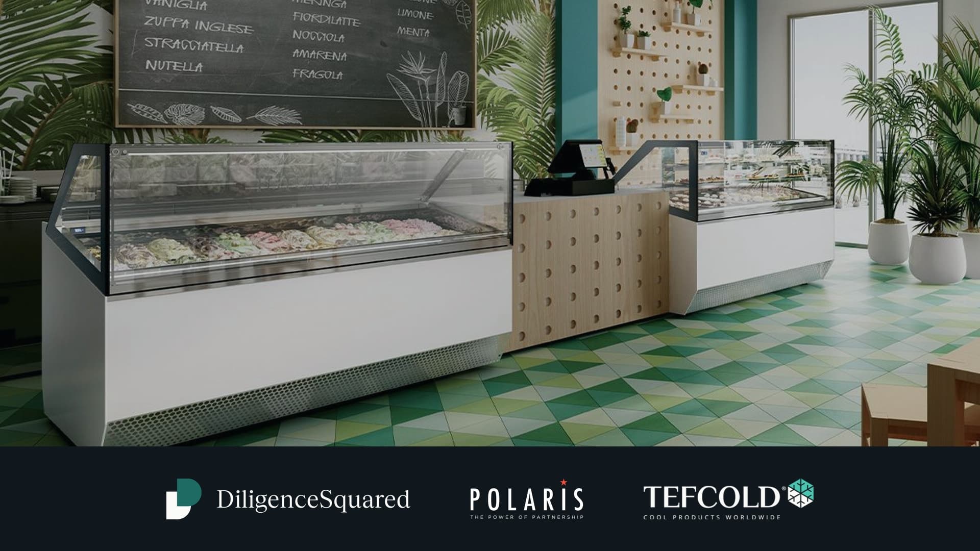 A photograph of TEFCOLD refrigerated display cases in a gelateria, above a bar carrying the DiligenceSquared, Polaris and TEFCOLD logos
